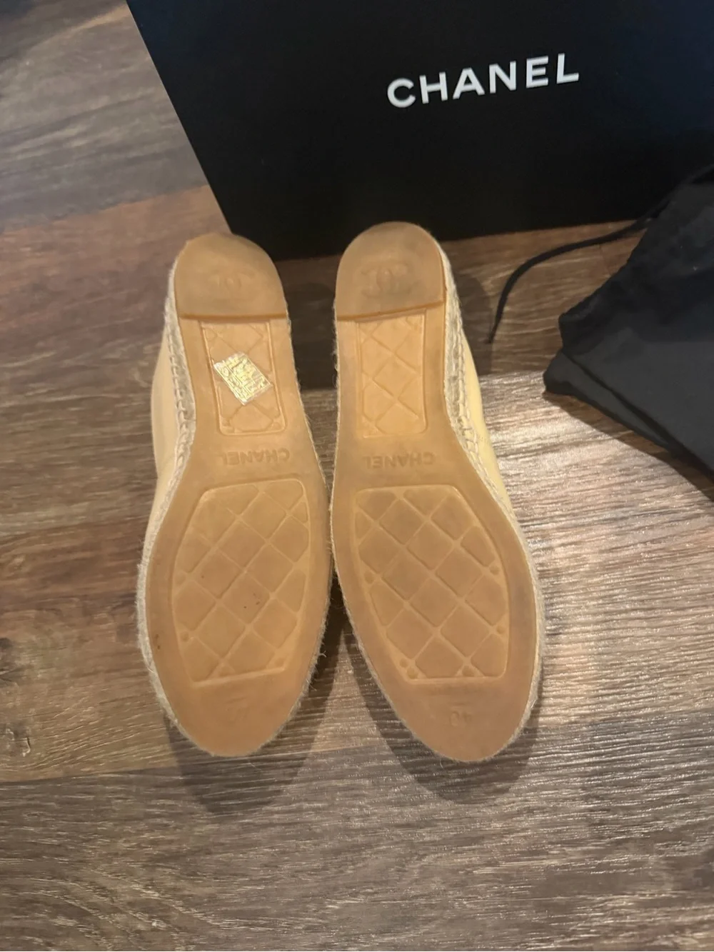 CHANEL Two-Tone Beige and Black Leather Espadrille Slip-Ons